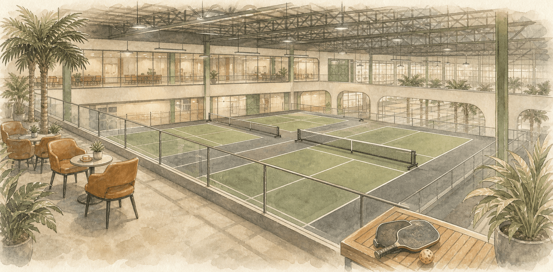 Watercolour illustration of four private mezzanine pickleball courts at Tomaz Pickleball Club
